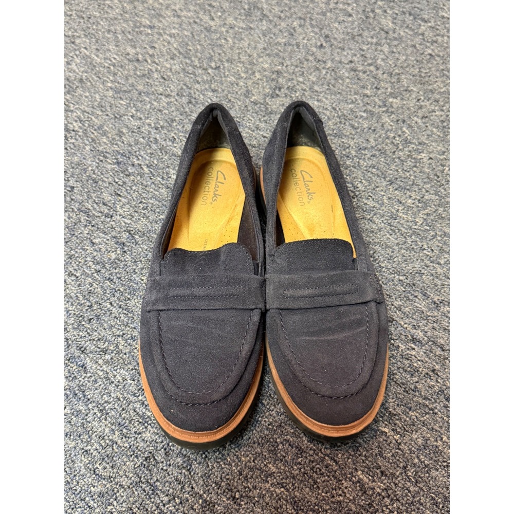 Clarks Collection Womens Navy Blue Suede Penny Loafers Lug Sole Shoes Size 8 M